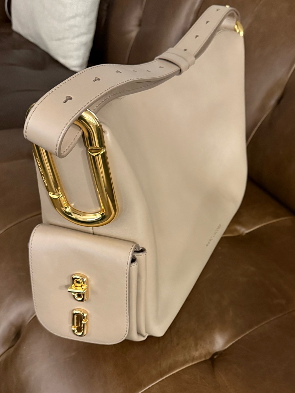Authentic Marc Jacobs Beige Scene Large Shoulder Bag with Gold Hardware